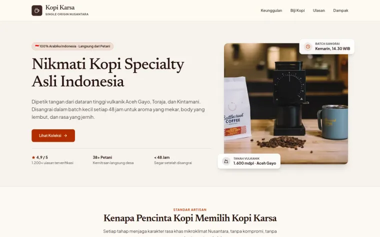 Tampilan website Kopi Karsa, kopi specialty