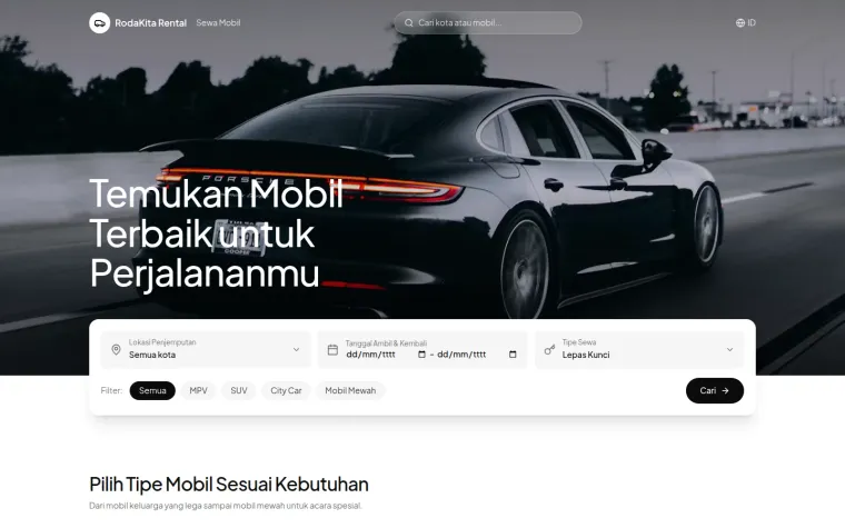 Tampilan website RodaKita Rental, sewa mobil