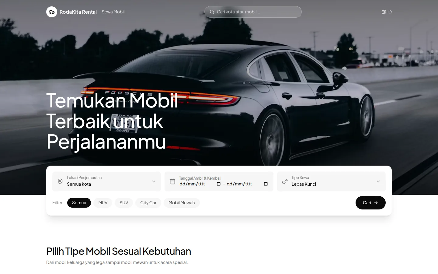 Tampilan website RodaKita Rental, Sewa Mobil